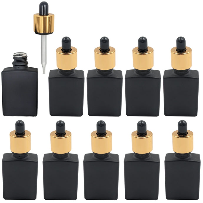 10 Pack 1 Ounce (30mL) Matte Black Glass Dropper Bottles with Gold and Black Cap