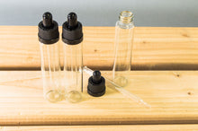 Load image into Gallery viewer, 10 Pack 1 Ounce (30mL) Clear Round Glass Dropper Bottles with Black Tops
