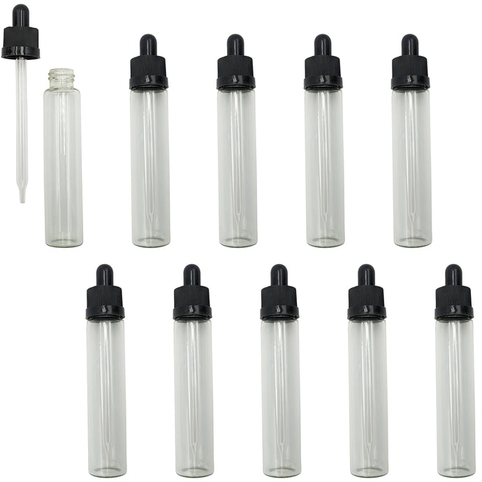 10 Pack 1 Ounce (30mL) Clear Round Glass Dropper Bottles with Black Tops