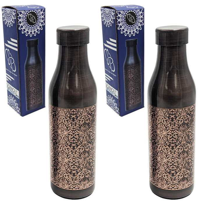 2 Pack 33 Ounce Pure Copper Water Bottle with Engraved Damask Design, Ayurvedic Benefits