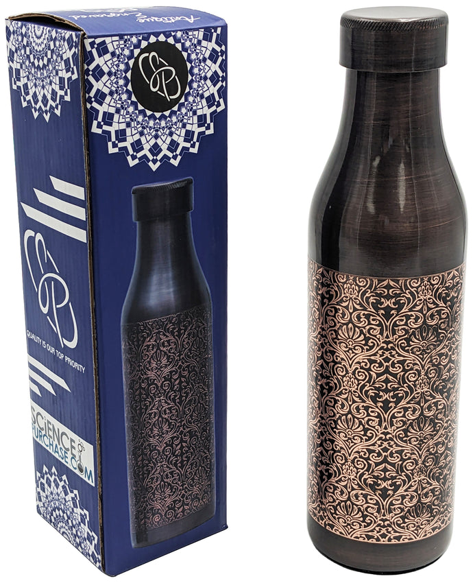 33 Ounce Pure Copper Water Bottle with Engraved Damask Design, Ayurvedic Benefits