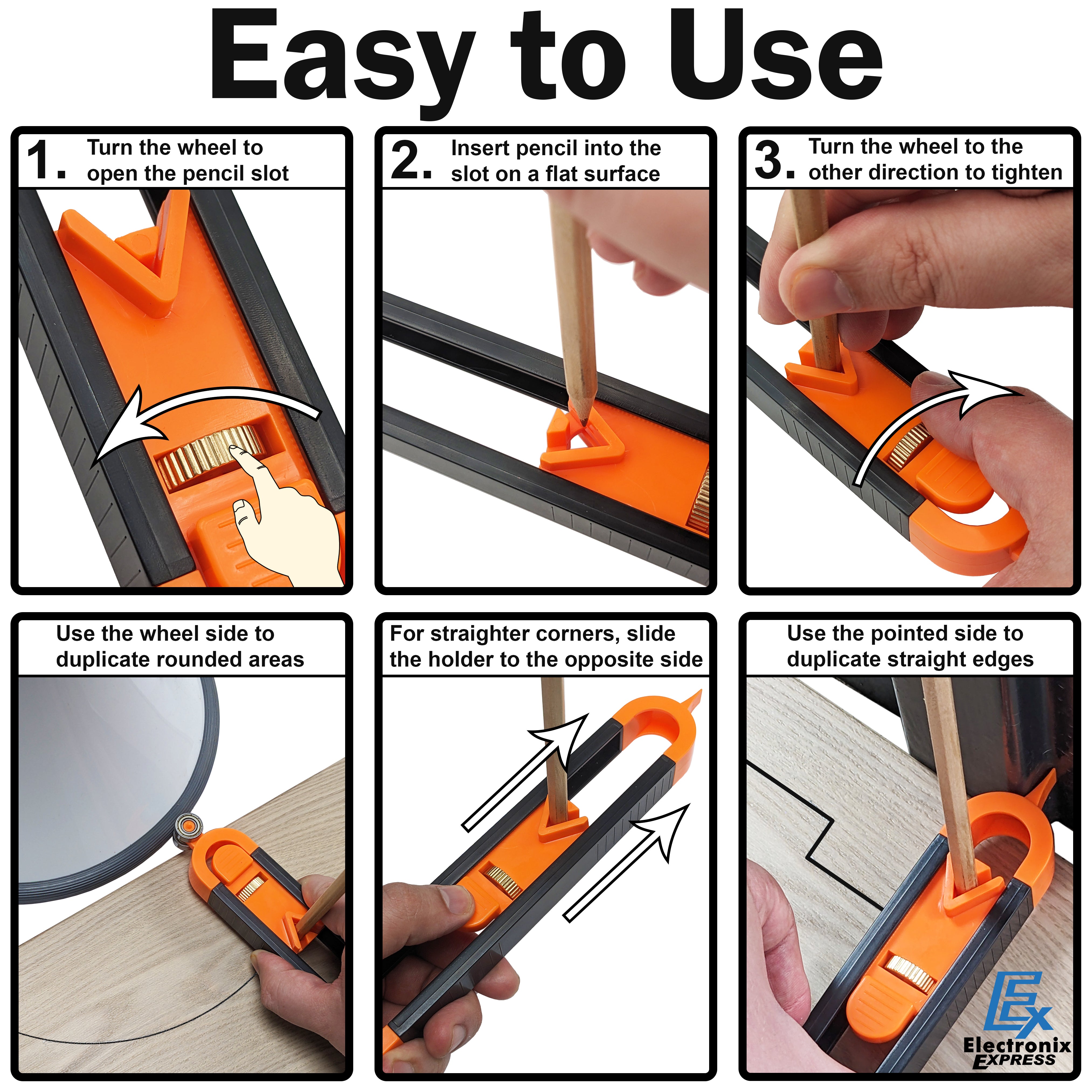 Instructions for loading the pencil, tightening the wheel and switching tracing ends