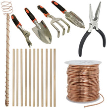 Load image into Gallery viewer, DIY Electroculture Gardening Tool Set - Includes 12 Dowels, 63 Feet Copper Wire, Transplant Trowel, Hand Cultivator Rake, Hand Trowel, and Weed Remover
