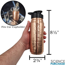 Load image into Gallery viewer, 25 Ounce Pure Copper Water Bottle with Plastic Sipping Cap, Hand-Crafted Hammered Design, Ayurvedic Benefits
