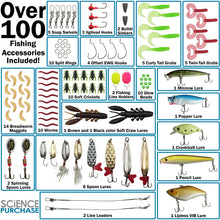 Load image into Gallery viewer, Deluxe Fishing Starter Set - Includes Collapsible Net, Fishing Line, Fish Stringer, Bobbers, Hooks, Lures, Tools, and 3-Tray Tacklebox
