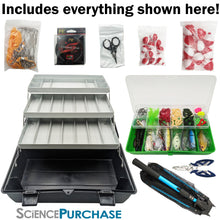 Load image into Gallery viewer, Deluxe Fishing Starter Set - Includes Collapsible Net, Fishing Line, Fish Stringer, Bobbers, Hooks, Lures, Tools, and 3-Tray Tacklebox
