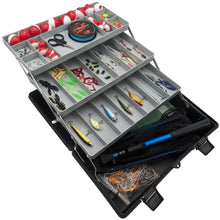 Load image into Gallery viewer, Deluxe Fishing Starter Set - Includes Collapsible Net, Fishing Line, Fish Stringer, Bobbers, Hooks, Lures, Tools, and 3-Tray Tacklebox
