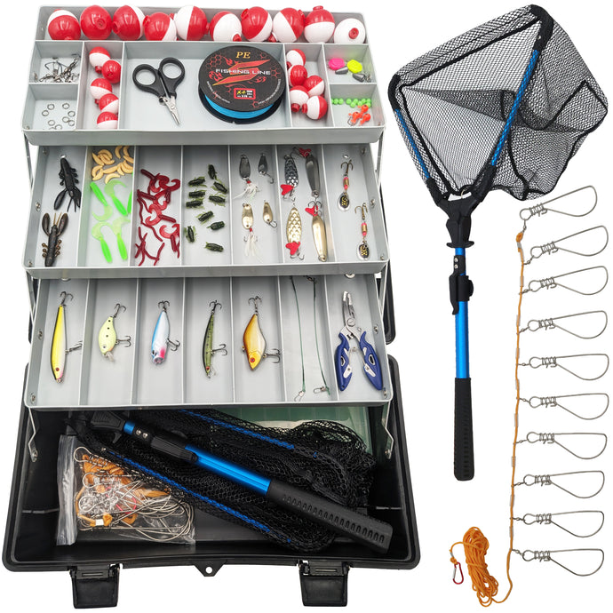Deluxe Fishing Starter Set - Includes Collapsible Net, Fishing Line, Fish Stringer, Bobbers, Hooks, Lures, Tools, and 3-Tray Tacklebox