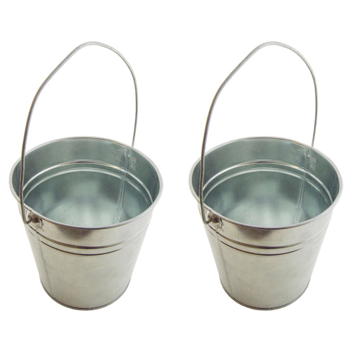 Set of 2 Galvanized metal buckets with handles | Works well for an arrangement, storage of your what-nots, or other craft projects | Looks like the vintage metal water bucket pails of long ago | Each pail is 6