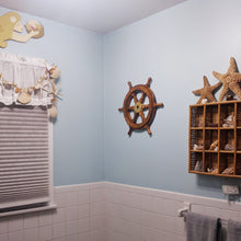 Load image into Gallery viewer, 18 Inch Wooden Ship Wheel Wall Decoration with Brass Center Hub, Turned Spokes and Handles, Maritime Nautical Boat Helm Decor, Brown Wood
