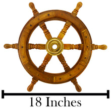 Load image into Gallery viewer, 18 Inch Wooden Ship Wheel Wall Decoration with Brass Center Hub, Turned Spokes and Handles, Maritime Nautical Boat Helm Decor, Brown Wood
