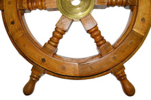 Load image into Gallery viewer, 18 Inch Wooden Ship Wheel Wall Decoration with Brass Center Hub, Turned Spokes and Handles, Maritime Nautical Boat Helm Decor, Brown Wood
