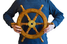 Load image into Gallery viewer, 18 Inch Wooden Ship Wheel Wall Decoration with Brass Center Hub, Turned Spokes and Handles, Maritime Nautical Boat Helm Decor, Brown Wood

