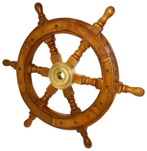 Load image into Gallery viewer, 18 Inch Wooden Ship Wheel Wall Decoration with Brass Center Hub, Turned Spokes and Handles, Maritime Nautical Boat Helm Decor, Brown Wood
