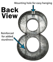 Load image into Gallery viewer, 20&quot; Metal Number 8 (Eight) Wall Decor, Silver with Red Borders, Galvanized Wall Mountable Decoration for Country, Mid-Century, or Farmhouse Themed Room or Event
