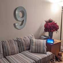 Load image into Gallery viewer, 20&quot; Metal Number 9 (Nine) Wall Decor, Silver with Red Borders, Galvanized Wall Mountable Decoration for Country, Mid-Century, or Farmhouse Themed Room or Event
