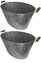 Load image into Gallery viewer, 2 Pack Galvanized Metal 8 Gallon Oval Ice Buckets with Wooden Handles, Beverage Holder Tubs with Gold Bee Emblem for Farmhouse or Country Themed Party
