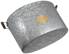 Load image into Gallery viewer, Galvanized Metal 8 Gallon Oval Ice Bucket with Wooden Handles, Beverage Holder Tub with Gold Bee Emblem for Farmhouse or Country Themed Party
