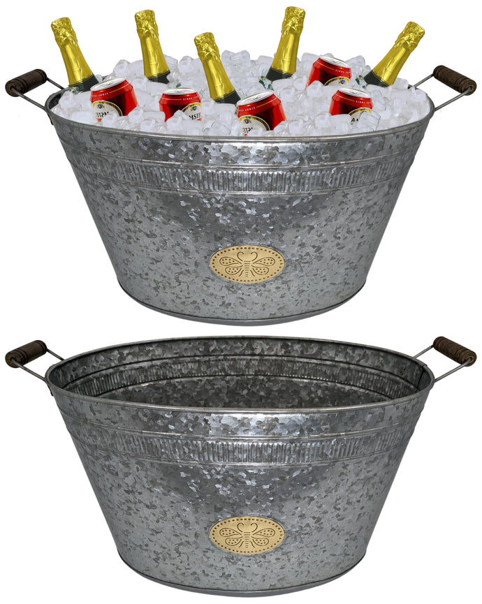 2 Pack Galvanized Metal 8 Gallon Oval Ice Buckets with Wooden Handles, Beverage Holder Tubs with Gold Bee Emblem for Farmhouse or Country Themed Party