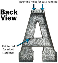 Load image into Gallery viewer, 20&quot; Tall Metal &quot;PLAY&quot; Letters - Approximately 4.6 Foot Long Hanging Décor, Silver with Rusted Edges, Galvanized Wall Mountable Decoration for Country, Mid-Century, or Farmhouse Theme
