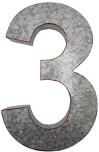 Load image into Gallery viewer, 20&quot; Metal Number 3 (Three) Wall Decor, Silver with Red Borders, Galvanized Wall Mountable Decoration for Country, Mid-Century, or Farmhouse Themed Room or Event
