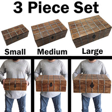 Load image into Gallery viewer, Set of 3 Nesting Wooden Pirate Treasure Chests, Includes Small, Medium, and Large Hinged Chests Decorated with Gray Metal Accents, Black Hasps for Locks
