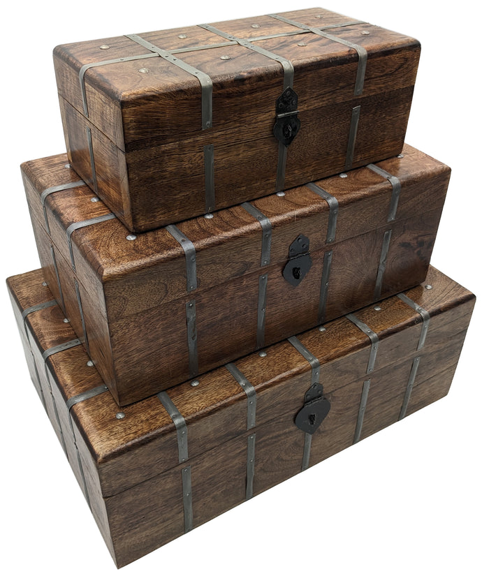 Set of 3 Nesting Wooden Pirate Treasure Chests, Includes Small, Medium, and Large Hinged Chests Decorated with Gray Metal Accents, Black Hasps for Locks