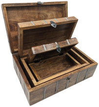 Load image into Gallery viewer, Set of 3 Nesting Wooden Pirate Treasure Chests, Includes Small, Medium, and Large Hinged Chests Decorated with Gray Metal Accents, Black Hasps for Locks
