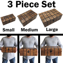 Load image into Gallery viewer, Set of 3 Nesting Wooden Pirate Treasure Chests, Includes Small, Medium, and Large Hinged Chests Decorated with Black Metal Accents, Hasps for Locks
