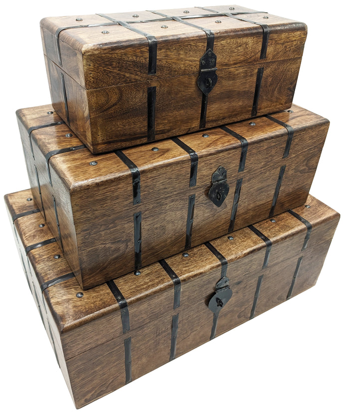 Set of 3 Nesting Wooden Pirate Treasure Chests, Includes Small, Medium, and Large Hinged Chests Decorated with Black Metal Accents, Hasps for Locks