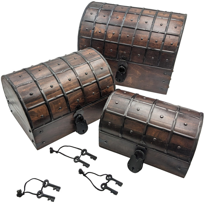 Set of 3 Nesting Wooden Pirate Treasure Chests with Locks and Keys - Includes Small, Medium, and Large Hinged Chests Decorated with Metal Accents