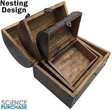 Load image into Gallery viewer, Set of 3 Nesting Wooden Pirate Treasure Chests with Locks and Keys - Includes Small, Medium, and Large Hinged Chests Decorated with Metal Accents
