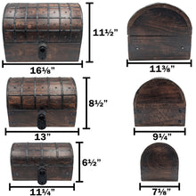 Load image into Gallery viewer, Set of 3 Nesting Wooden Pirate Treasure Chests with Locks and Keys - Includes Small, Medium, and Large Hinged Chests Decorated with Metal Accents
