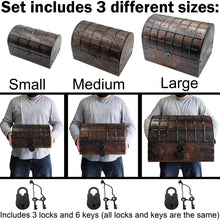 Load image into Gallery viewer, Set of 3 Nesting Wooden Pirate Treasure Chests with Locks and Keys - Includes Small, Medium, and Large Hinged Chests Decorated with Metal Accents
