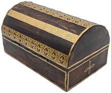 Load image into Gallery viewer, Wooden Pirate's Treasure Chest Flower Pattern Nautical Jewelry Box with Functional Lock and 2 Keys, Gold Color Metal Accents, Hinged Lid, 10-inch Length
