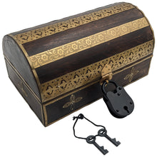 Load image into Gallery viewer, Wooden Pirate's Treasure Chest Flower Pattern Nautical Jewelry Box with Functional Lock and 2 Keys, Gold Color Metal Accents, Hinged Lid, 10-inch Length

