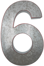 Load image into Gallery viewer, 20&quot; Metal Number 6 (Six) Wall Decor, Silver with Red Borders, Galvanized Wall Mountable Decoration for Country, Mid-Century, or Farmhouse Themed Room or Event

