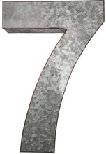 Load image into Gallery viewer, 20&quot; Metal Number 7 (Seven) Wall Decor, Silver with Red Borders, Galvanized Wall Mountable Decoration for Country, Mid-Century, or Farmhouse Themed Room or Event
