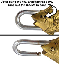 Load image into Gallery viewer, Solid Brass Fish Padlock with 2 Keys, Beautiful Fully Functional Lock, Sturdy Eye-Catching Shiny Gold Color with Detailed Design
