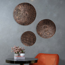 Load image into Gallery viewer, Hanging Hammered Copper &amp; Black Metal Circles Wall Decoration - Set of 3 Different Sizes: 12", 15", and 18" Diameter
