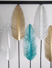 Load image into Gallery viewer, 3-Foot Turquoise, Gold, and White Leaves Hanging Stainless Steel 3D Wall Decoration with Rectangular Black Border (36" Length x 15" Height)
