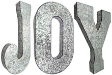 Load image into Gallery viewer, 20" Tall Metal "JOY" Letters - Approximately 2.7 Foot Long Hanging Décor, Silver with Rusted Edges, Galvanized Wall Mountable Decoration for Country, Mid-Century, or Farmhouse Theme
