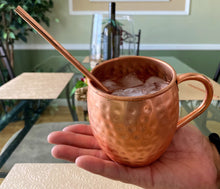 Load image into Gallery viewer, Set of 4 Pure Copper Moscow Mule Mugs Gift Set with 4 Copper Cocktail Straws and 2 Shot Glasses, Each Hammered Mug Holds 16 Ounces
