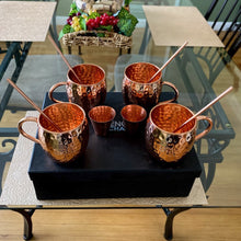 Load image into Gallery viewer, Set of 4 Pure Copper Moscow Mule Mugs Gift Set with 4 Copper Cocktail Straws and 2 Shot Glasses, Each Hammered Mug Holds 16 Ounces
