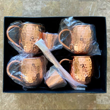Load image into Gallery viewer, Set of 4 Pure Copper Moscow Mule Mugs Gift Set with 4 Copper Cocktail Straws and 2 Shot Glasses, Each Hammered Mug Holds 16 Ounces
