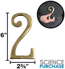 Load image into Gallery viewer, 6-inch House Number 2 (Two) with Mounting Screws, Polished Brass, Shiny Gold Color, Suitable for Mailbox, Home, etc
