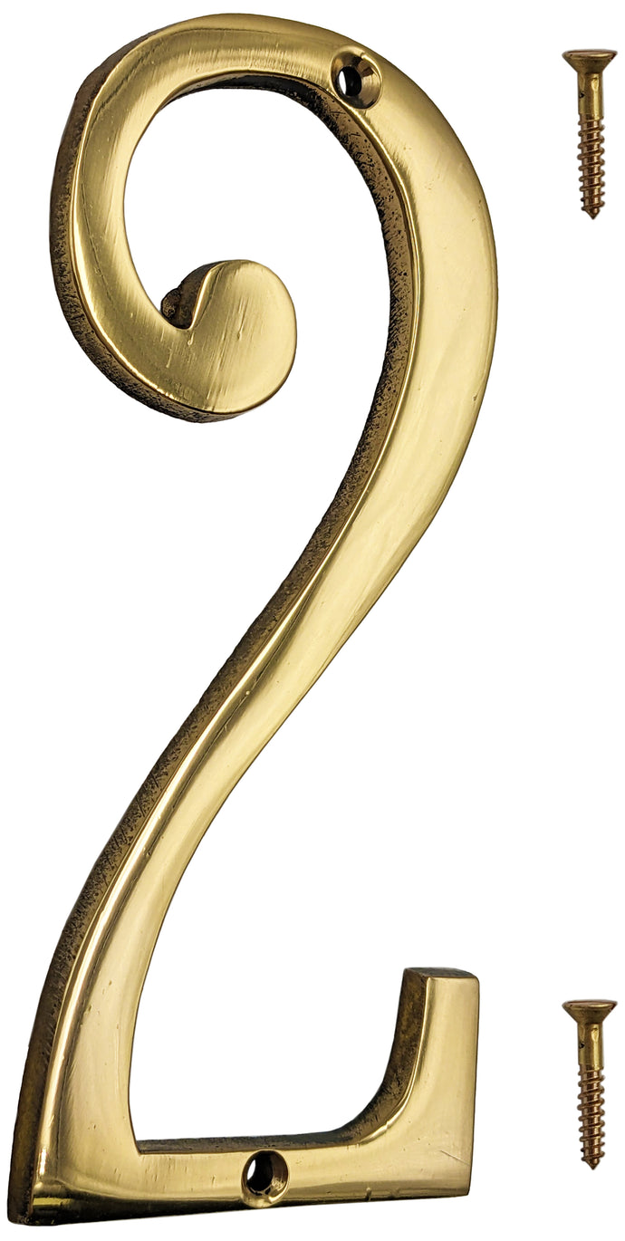 6-inch House Number 2 (Two) with Mounting Screws, Polished Brass, Shiny Gold Color, Suitable for Mailbox, Home, etc