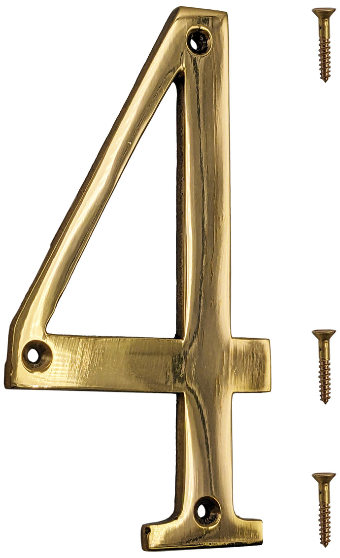6-inch House Number 4 (Four) with Mounting Screws, Polished Brass, Shiny Gold Color, Suitable for Mailbox, Home, etc
