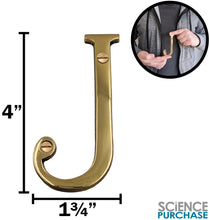 Load image into Gallery viewer, 4-inch House Letter "J" with Mounting Screws, Polished Brass, Shiny Gold Color, Suitable for Mailbox, Home, Apartment, Hotel etc
