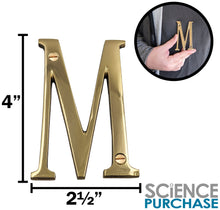 Load image into Gallery viewer, 4-inch House Letter "M" with Mounting Screws, Polished Brass, Shiny Gold Color, Suitable for Mailbox, Home, Apartment, Hotel etc
